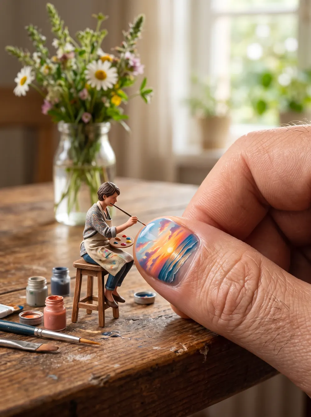 Macro photo of a tiny painter on a stool painting a sunset on a thumbnail