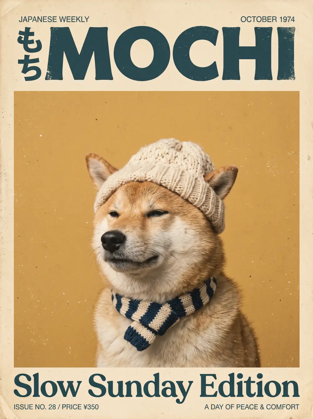 Vintage MOCHI magazine cover with a shiba inu in a knit beanie and striped scarf