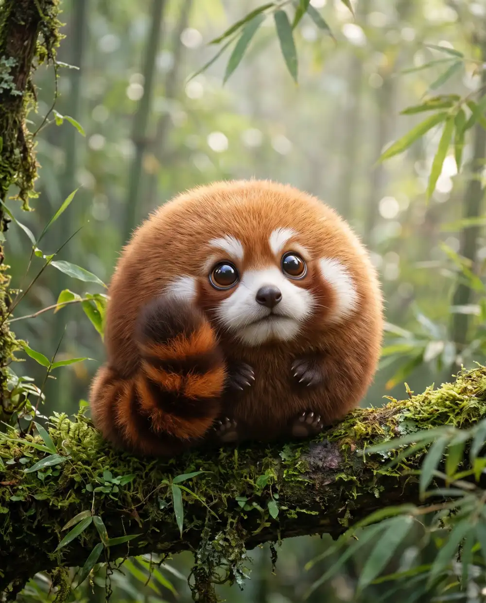 Round fluffy red panda with glossy eyes on a mossy branch in a bamboo forest