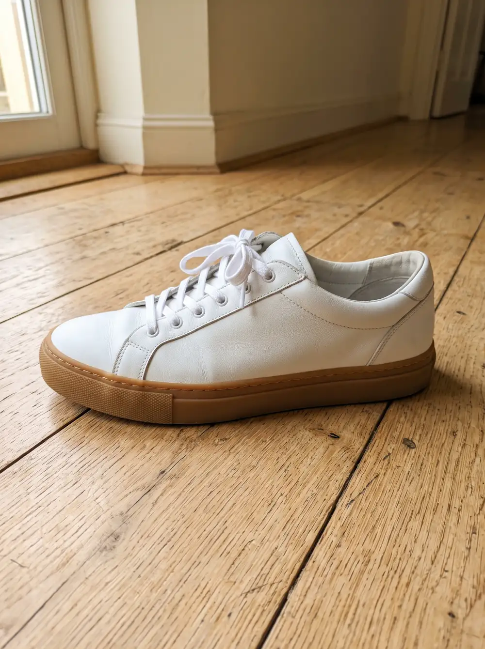 Uploaded photo: white leather sneaker with a gum sole on a wooden floor