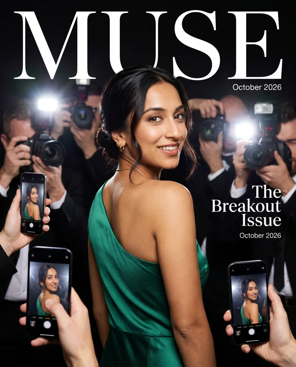 MUSE magazine cover of a woman in an emerald gown, paparazzi phones showing her face