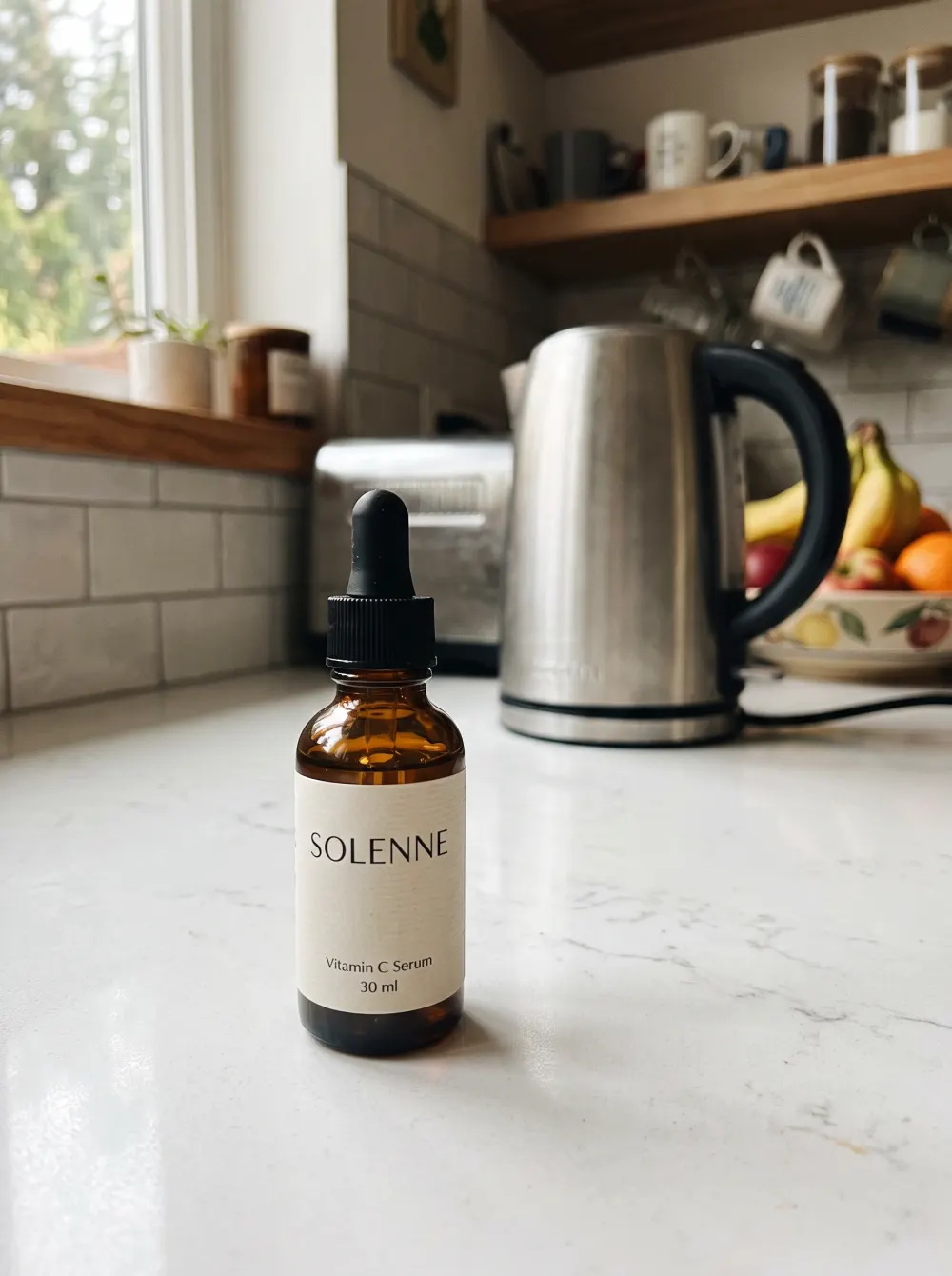 Uploaded photo: SOLENNE vitamin C serum bottle on a white kitchen counter