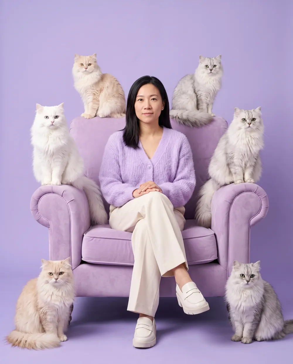 Woman in a lilac cardigan on a velvet armchair, fluffy cats perched all around her
