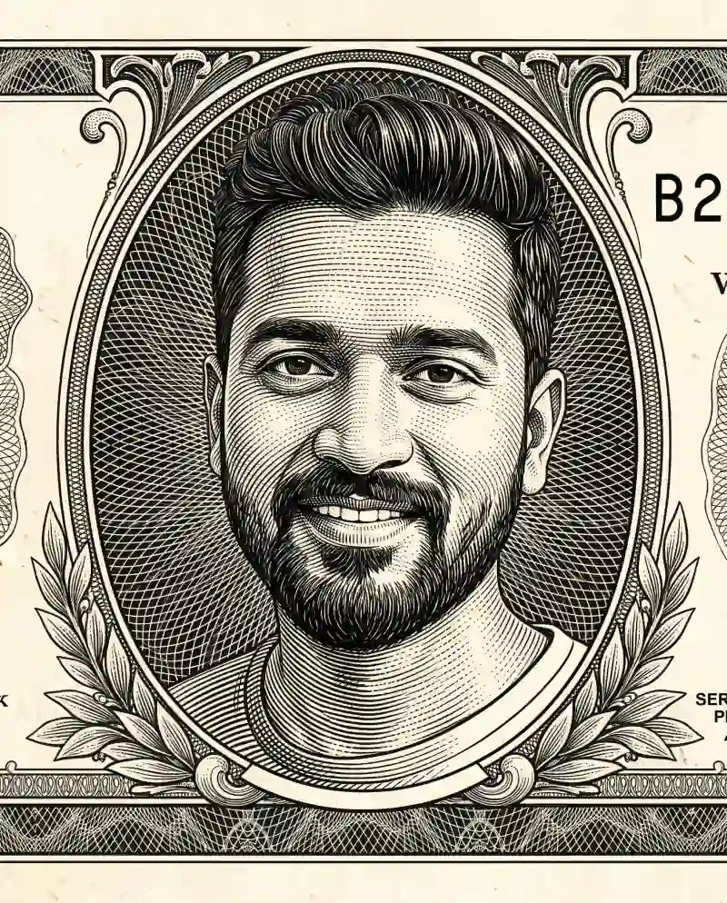 Banknote-style engraving of a bearded man in an oval frame with laurel leaves