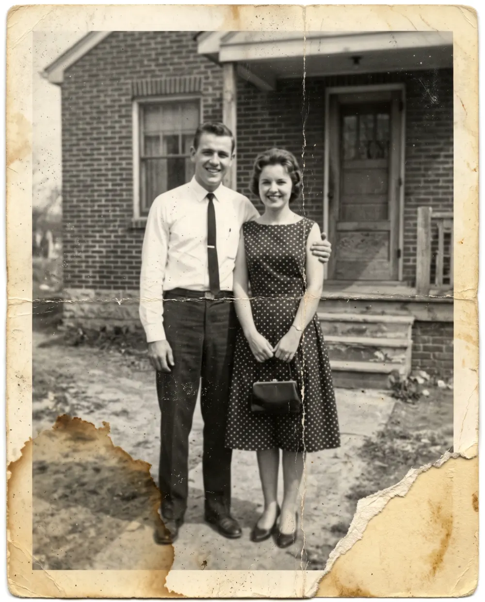 Uploaded photo: creased, stained black-and-white 1962 snapshot of a couple outside a brick house