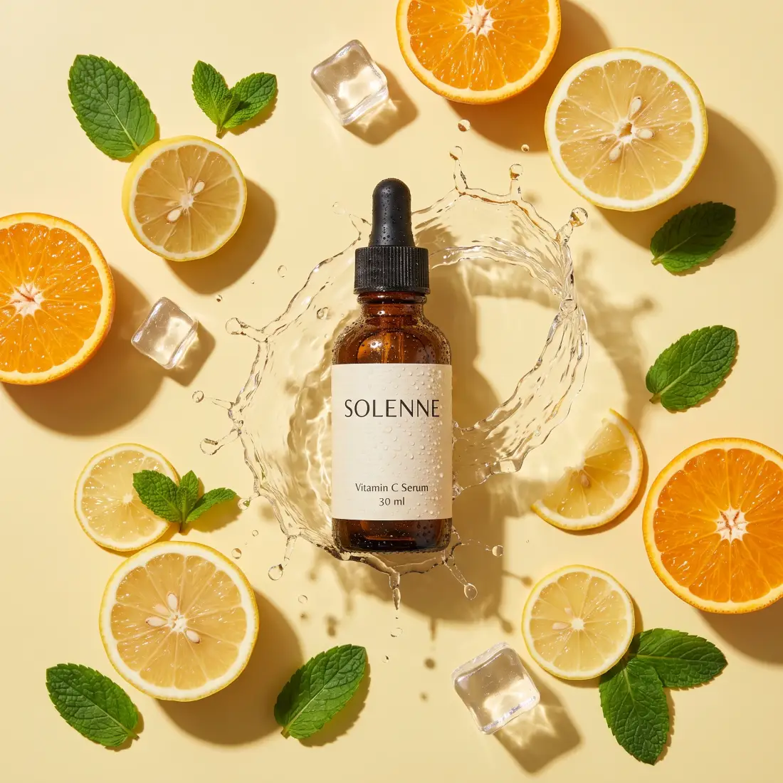 Top-down flat lay of the SOLENNE serum bottle in a water splash among citrus halves