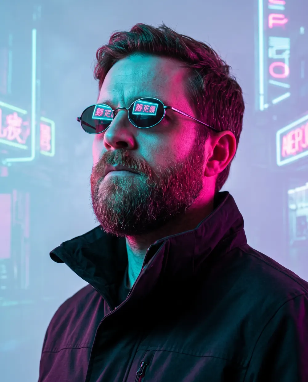 Bearded man in neon-reflecting mirrored sunglasses, lit cyan and magenta in a cyberpunk portrait