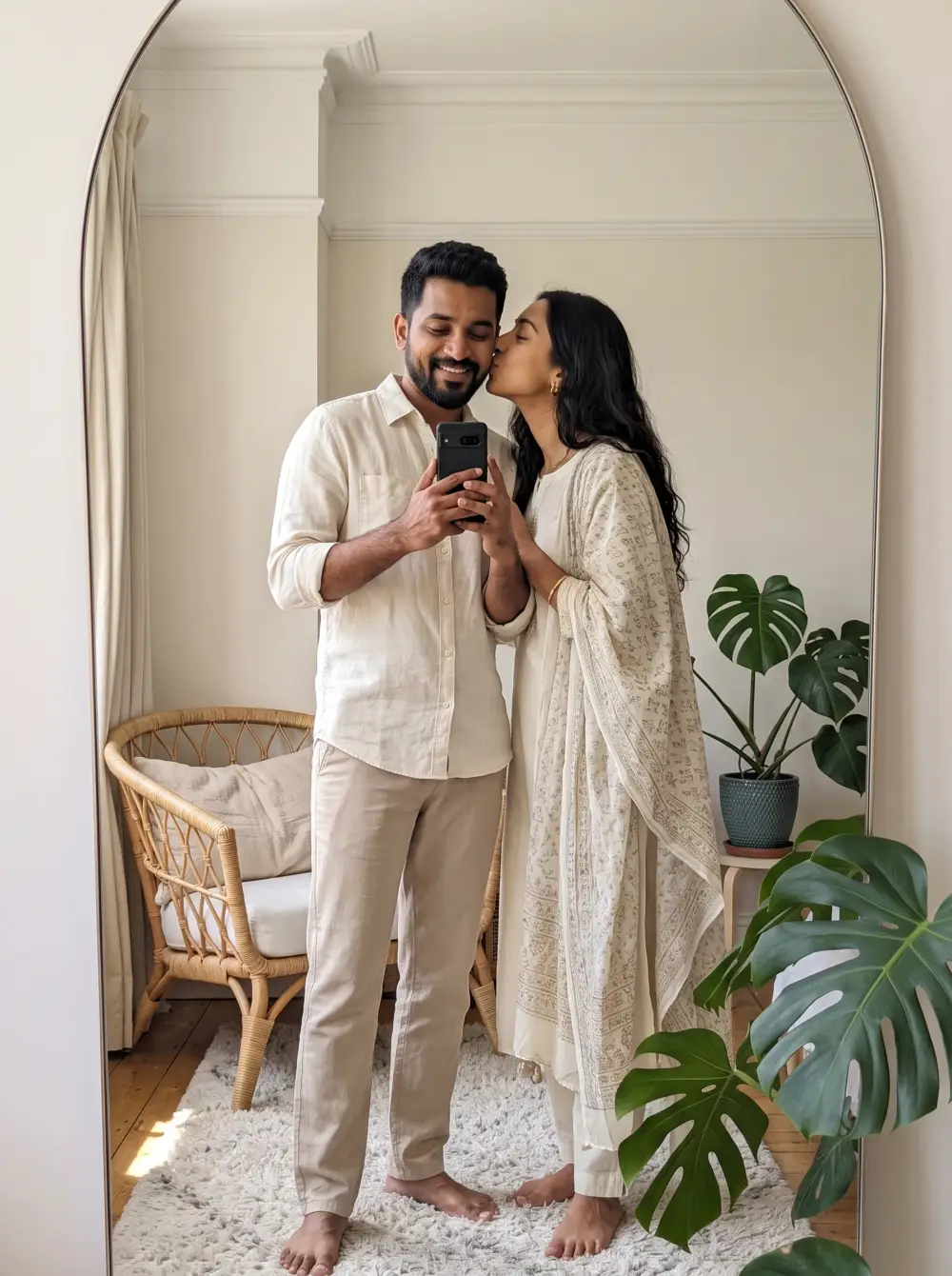 Couple taking a selfie in an arched mirror as she kisses his cheek