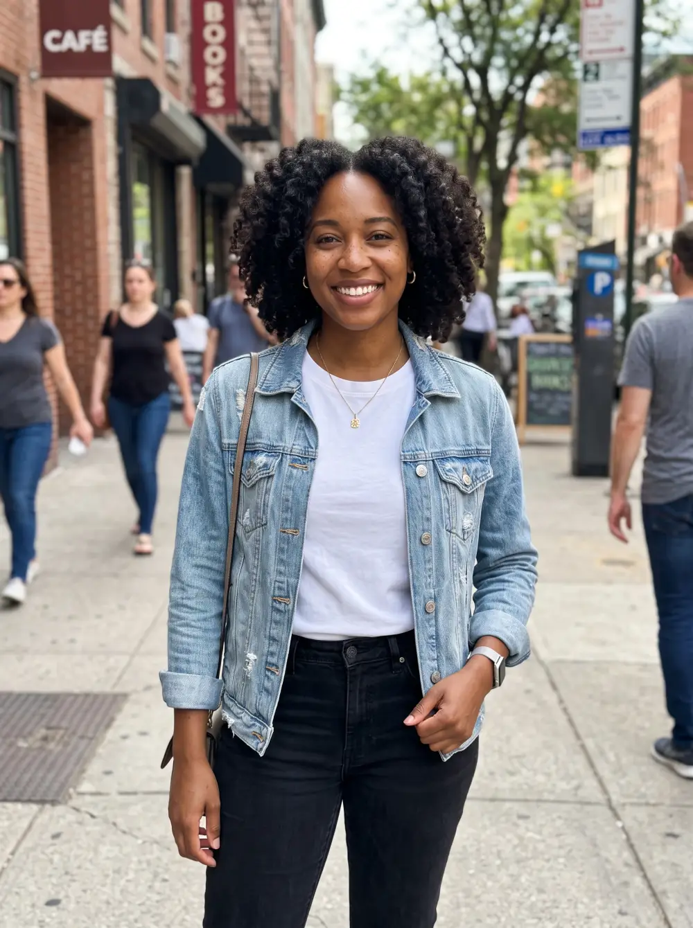 Uploaded photo: smiling woman on a city sidewalk in a denim jacket and white tee