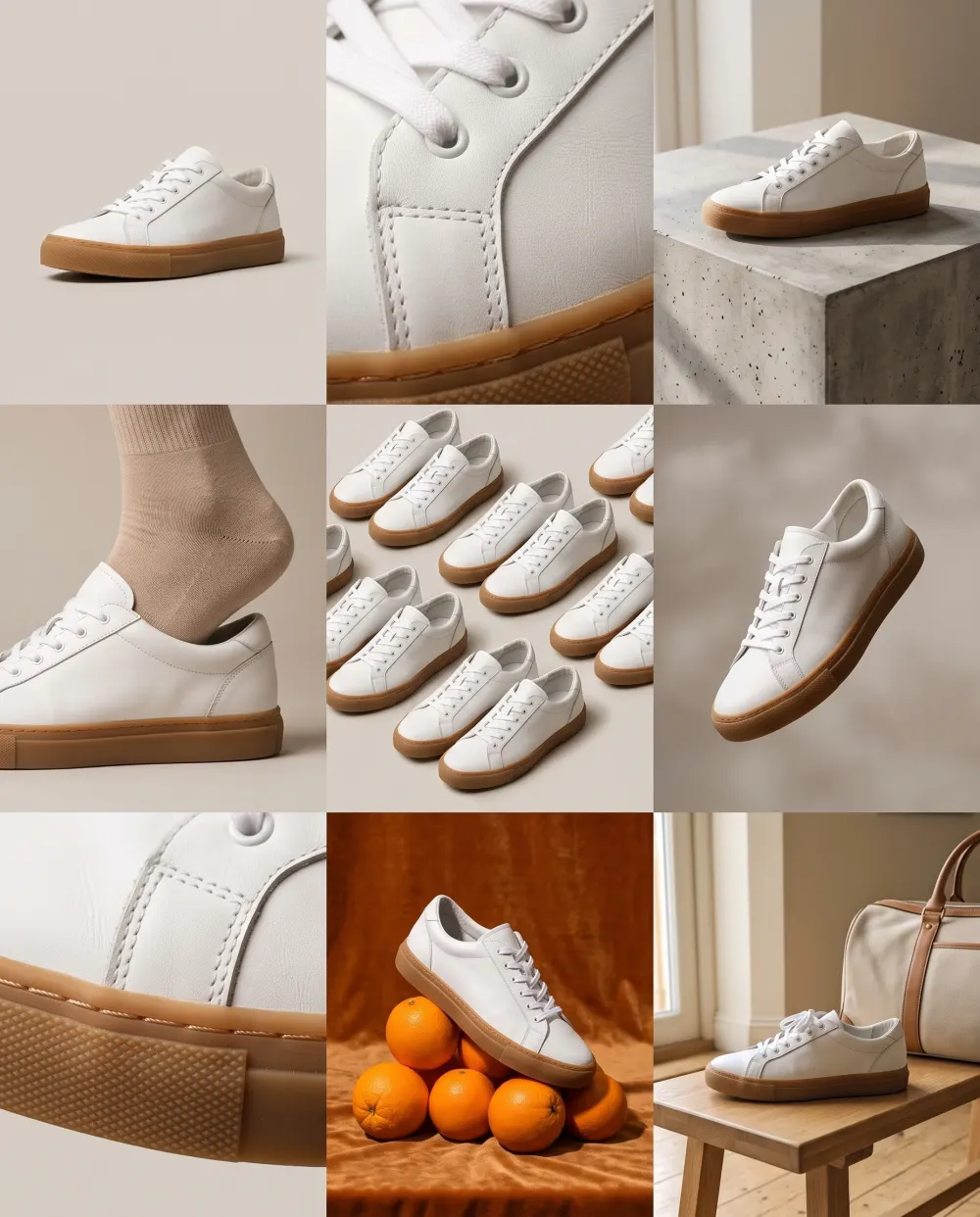Nine-panel 3×3 lookbook of the same white gum-sole sneaker in different studio scenes