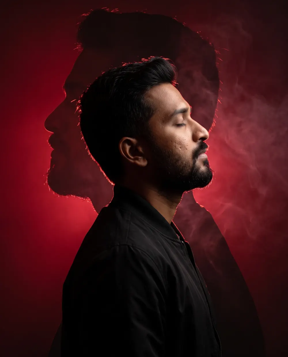 Side-profile portrait of a bearded man in crimson rim light with a double-exposure silhouette behind