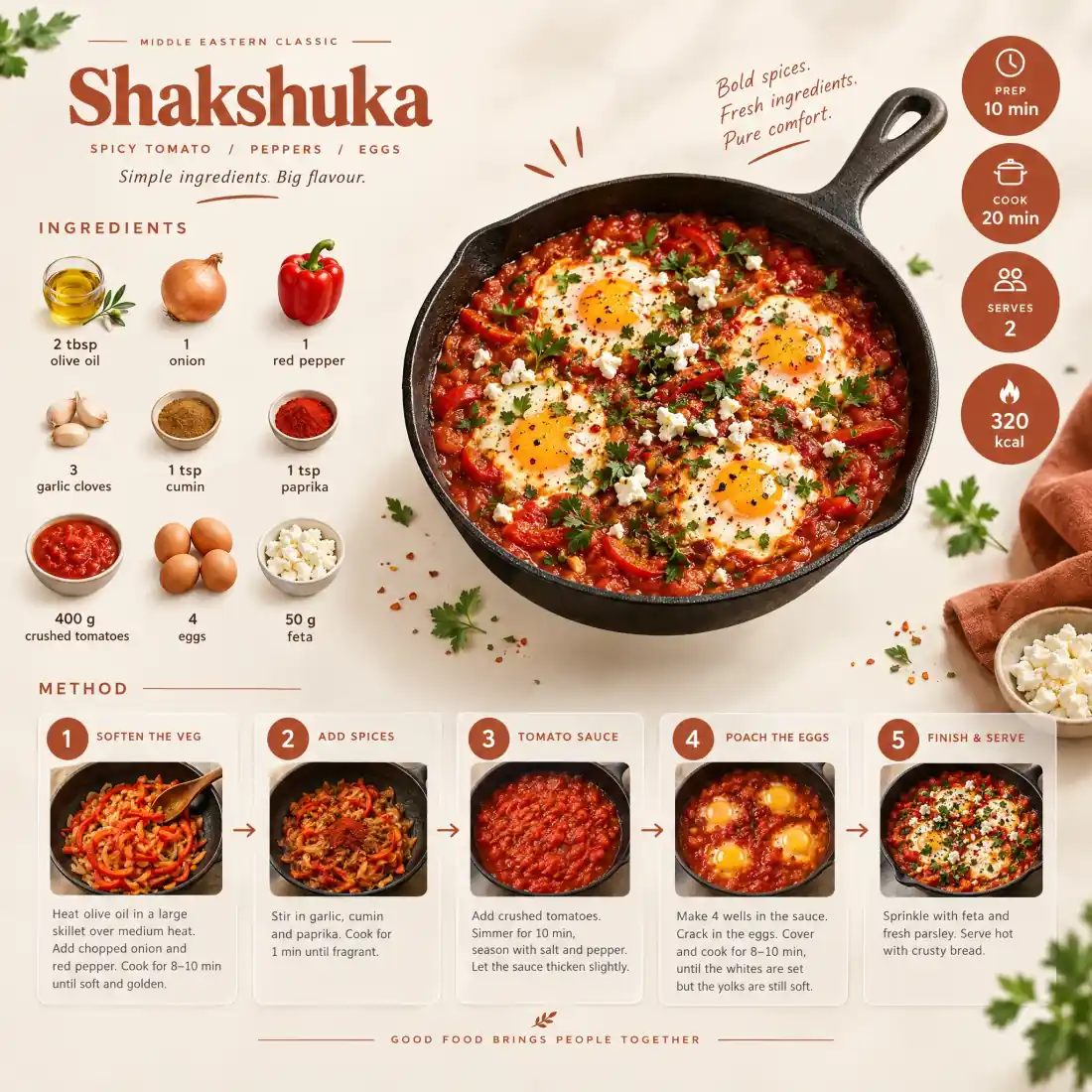 Shakshuka recipe infographic from a Gemini photo prompt, showing ingredients, five steps and time badges