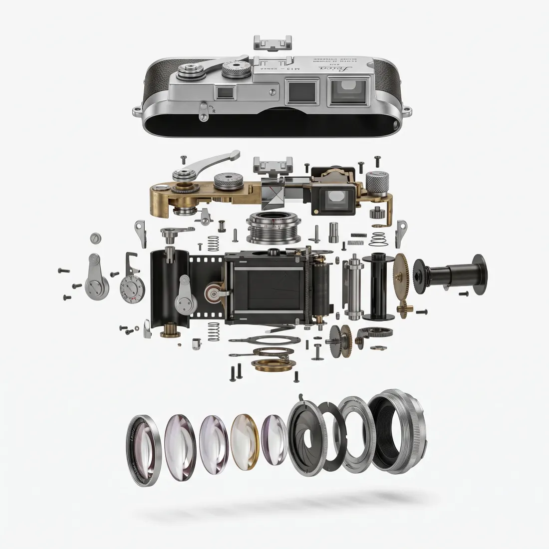 Exploded view of a vintage rangefinder camera with lens elements, gears and screws floating on white