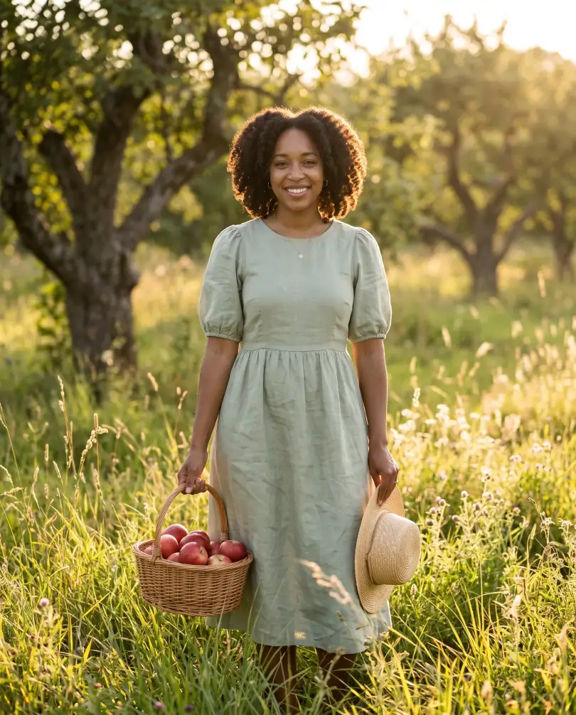 Woman in a sage linen dress with a basket of red apples in a sunlit orchard