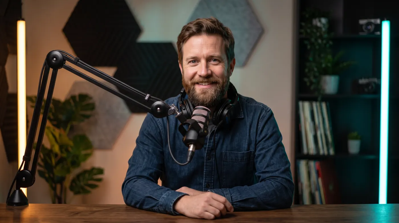 Bearded man in a podcast studio with a boom mic and amber and teal LED tubes