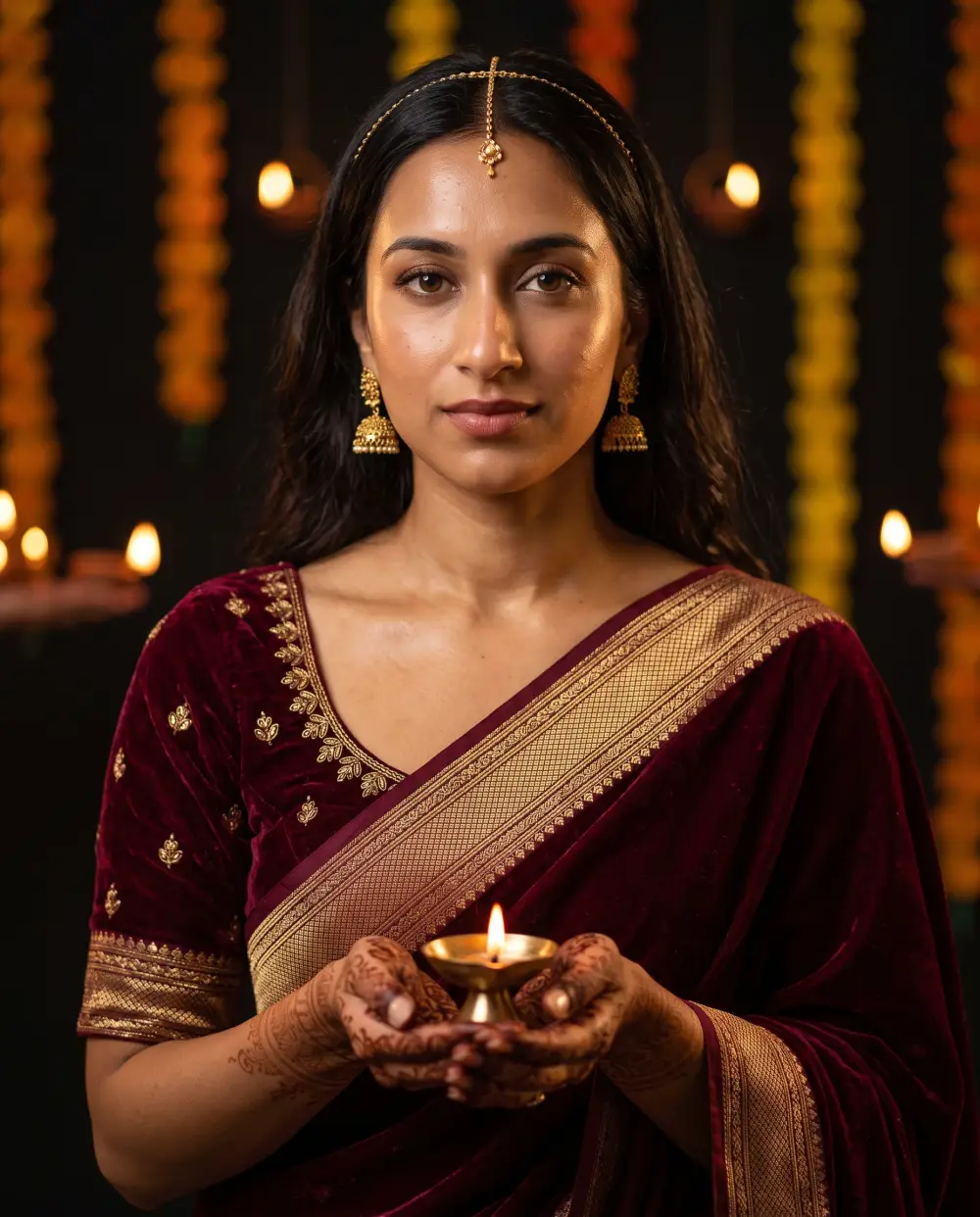 Woman in a wine-red velvet saree holding a lit brass diya with mehndi-covered hands