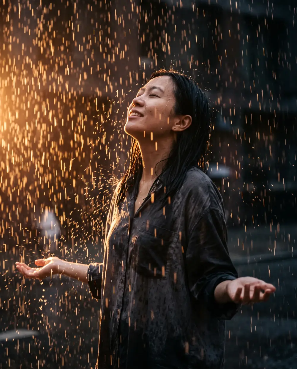 Woman with eyes closed in night rain, amber backlight turning the drops into glowing streaks