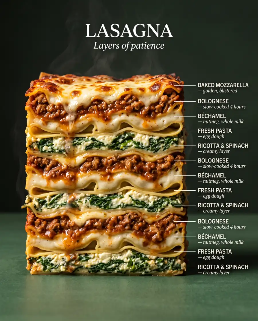 Lasagna cross-section on deep green, each layer labeled, under the title LASAGNA