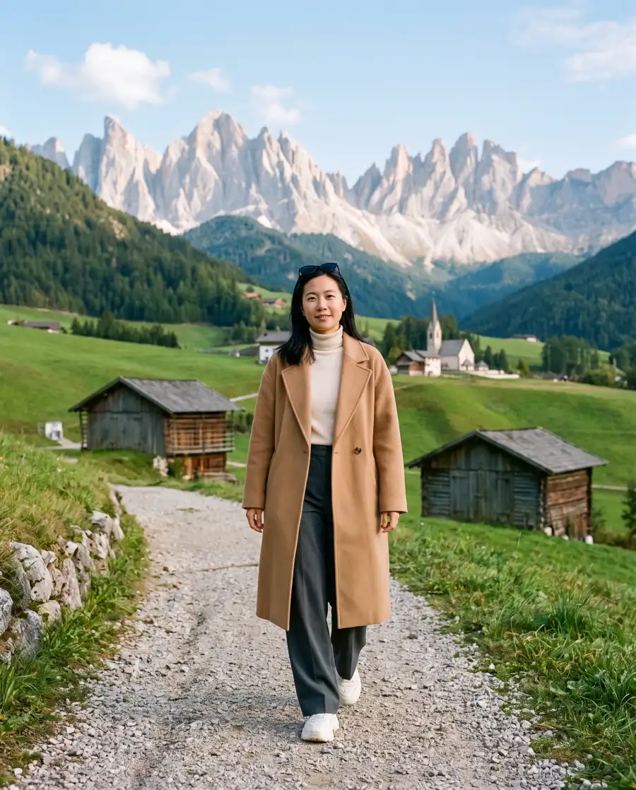 Woman in a camel coat walking a gravel trail with Dolomites peaks and hay barns behind
