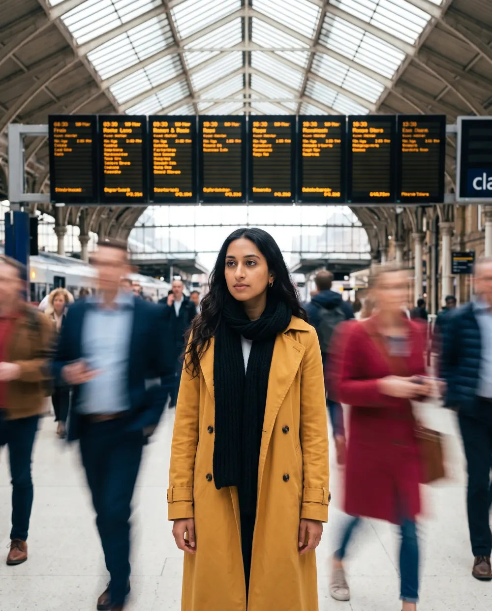 Commuters blur past a woman in a mustard trench coat standing still in a train station