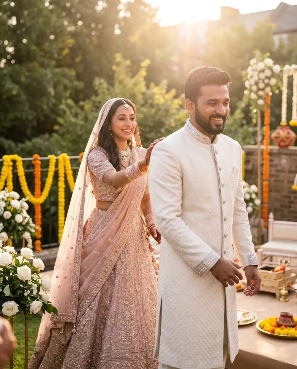 Bride in a blush-pink lehenga touching the groom's shoulder on a terrace with marigold garlands