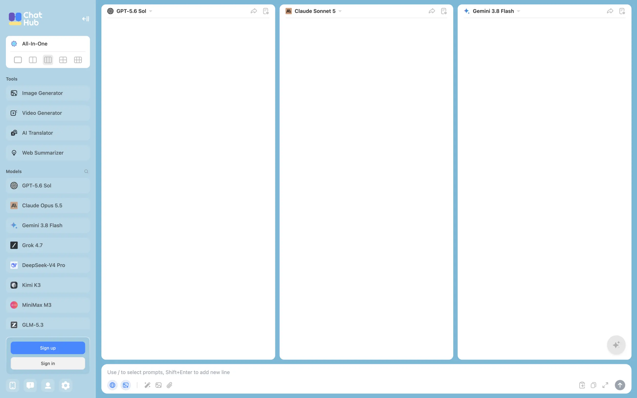 ChatHub multi-model chat with three models side by side