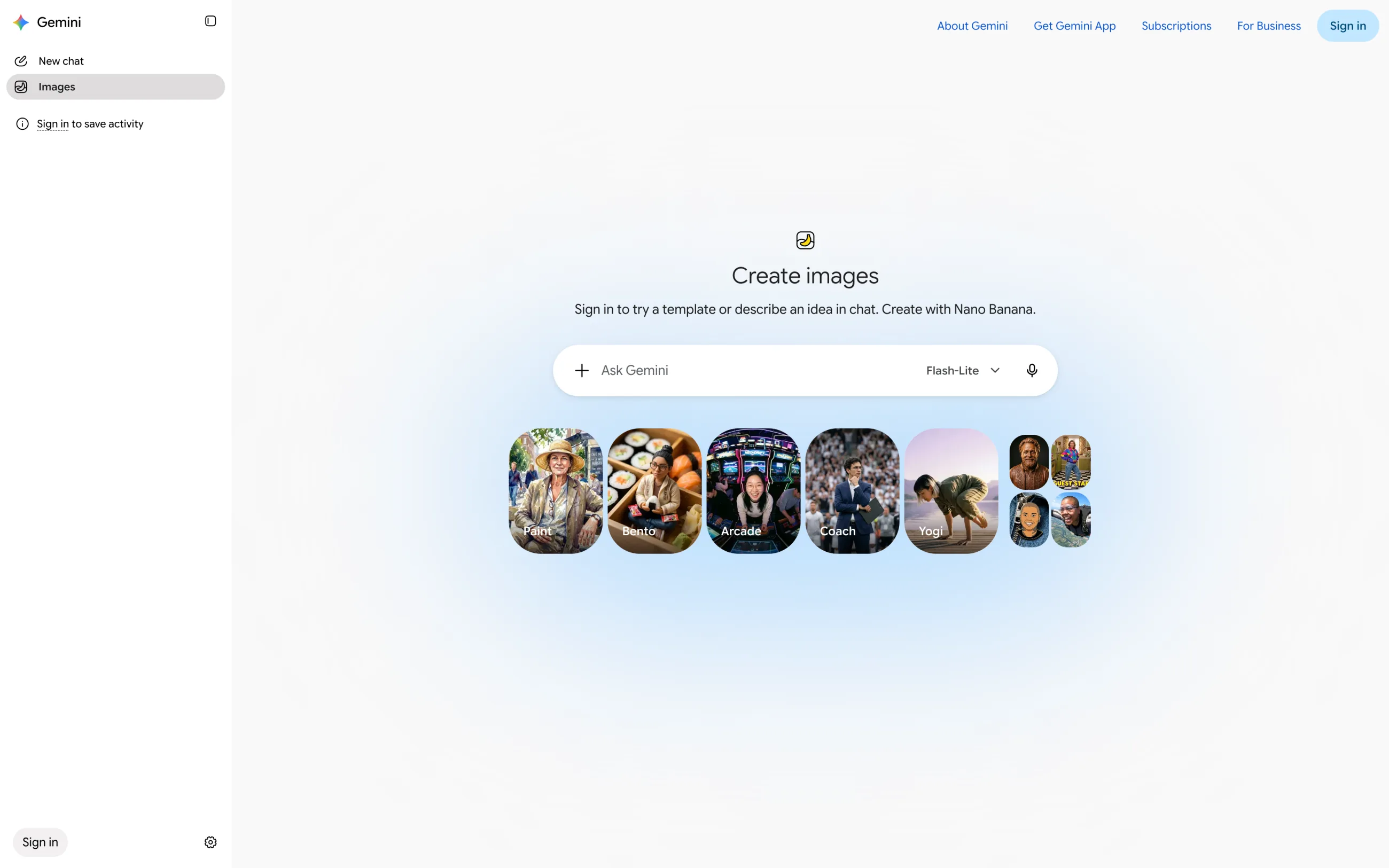 Google Gemini's Create images page with Nano Banana templates