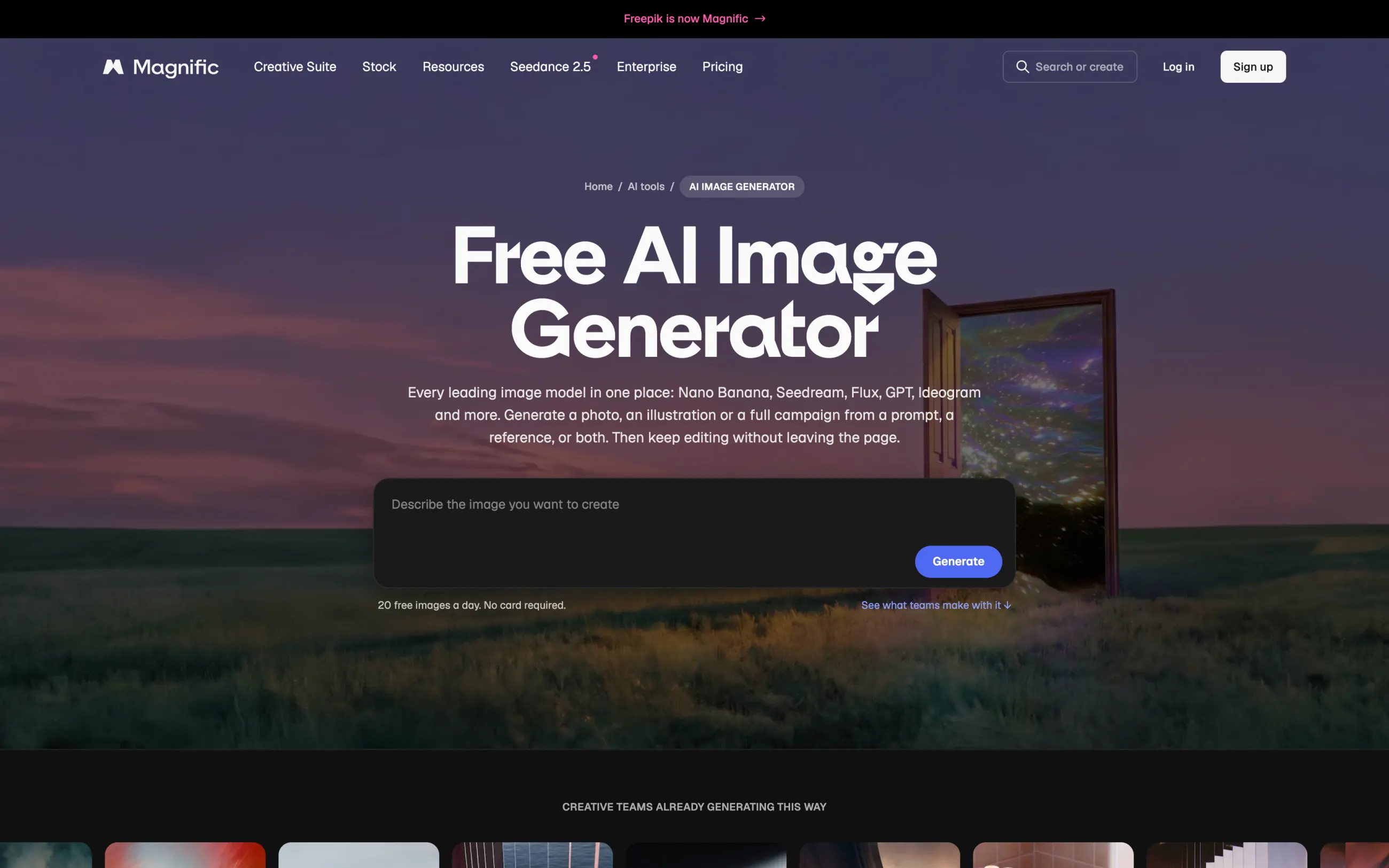 Magnific free AI image generator page with the prompt box