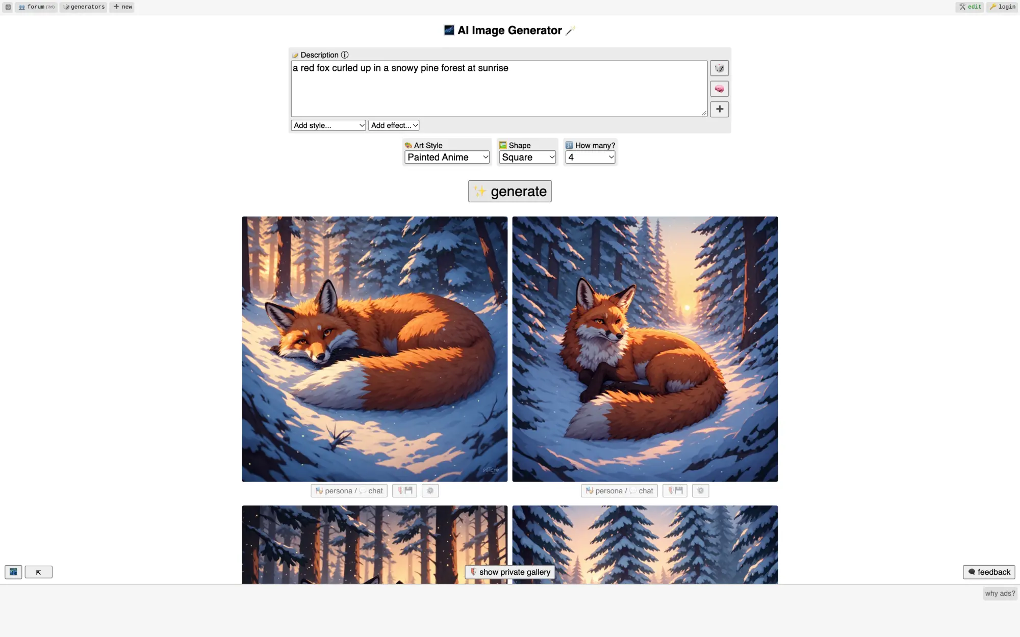 Perchance AI image generator with four generated fox images
