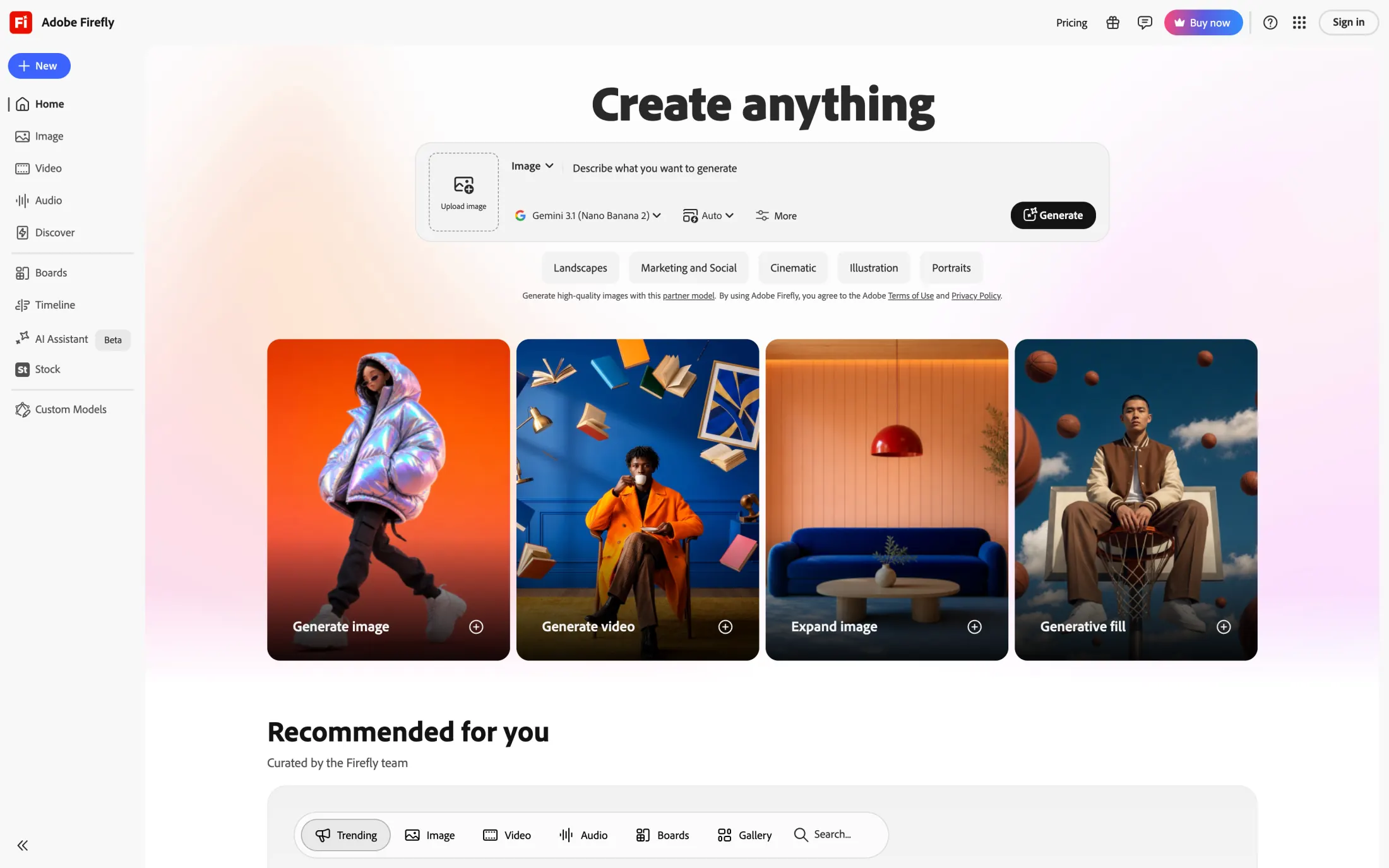 Adobe Firefly home page with the Create anything prompt box