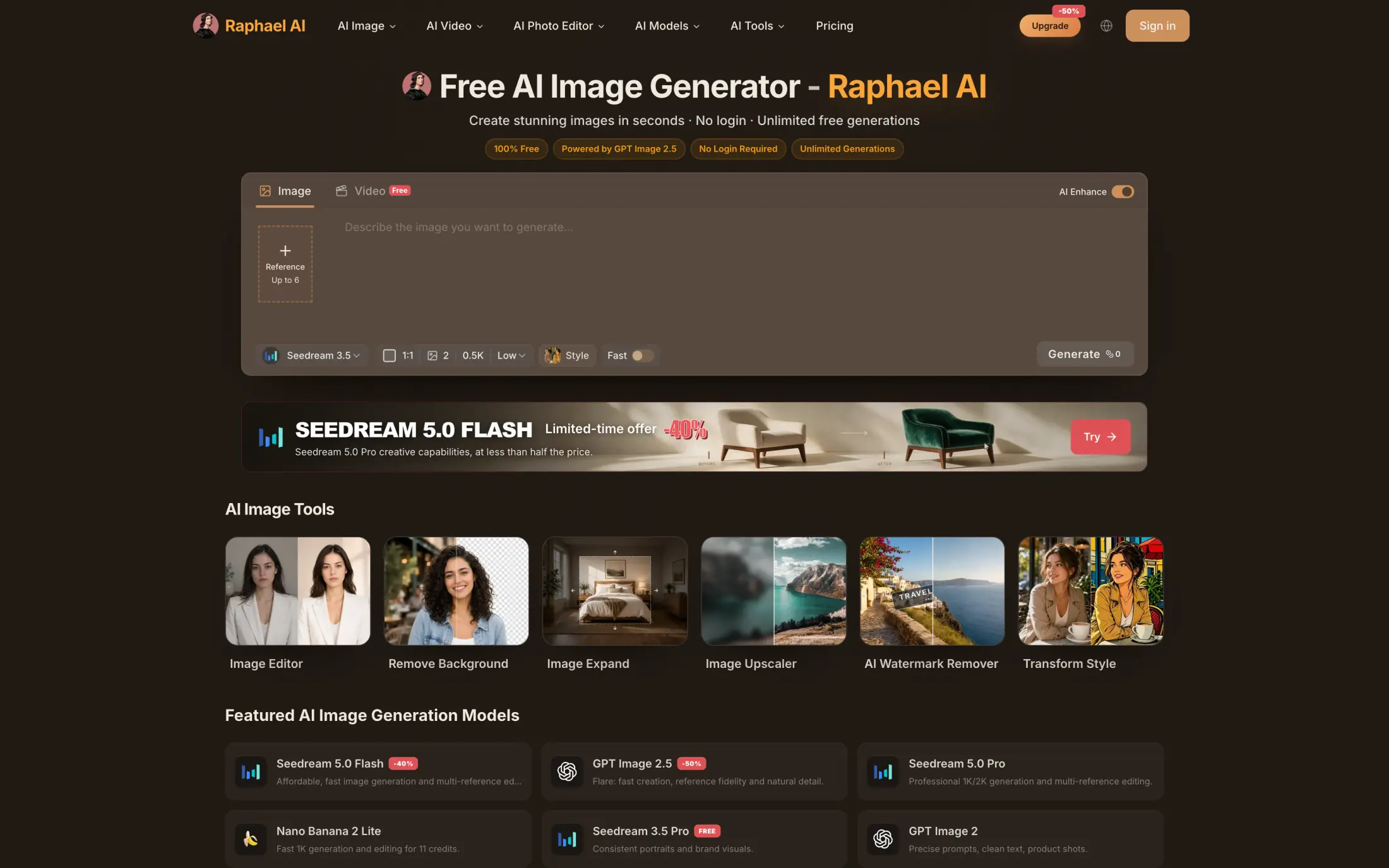 Raphael AI free image generator panel