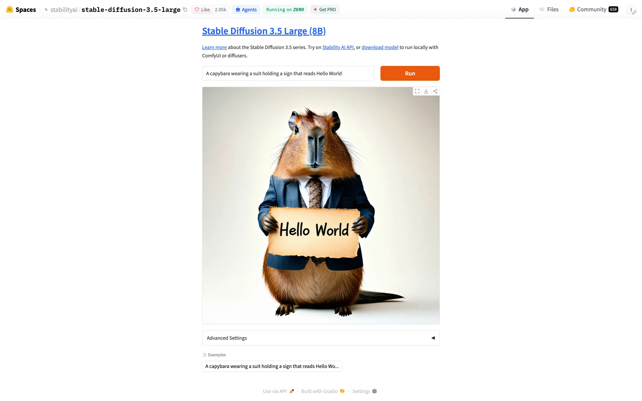 Stable Diffusion 3.5 Large demo on Hugging Face with a generated image