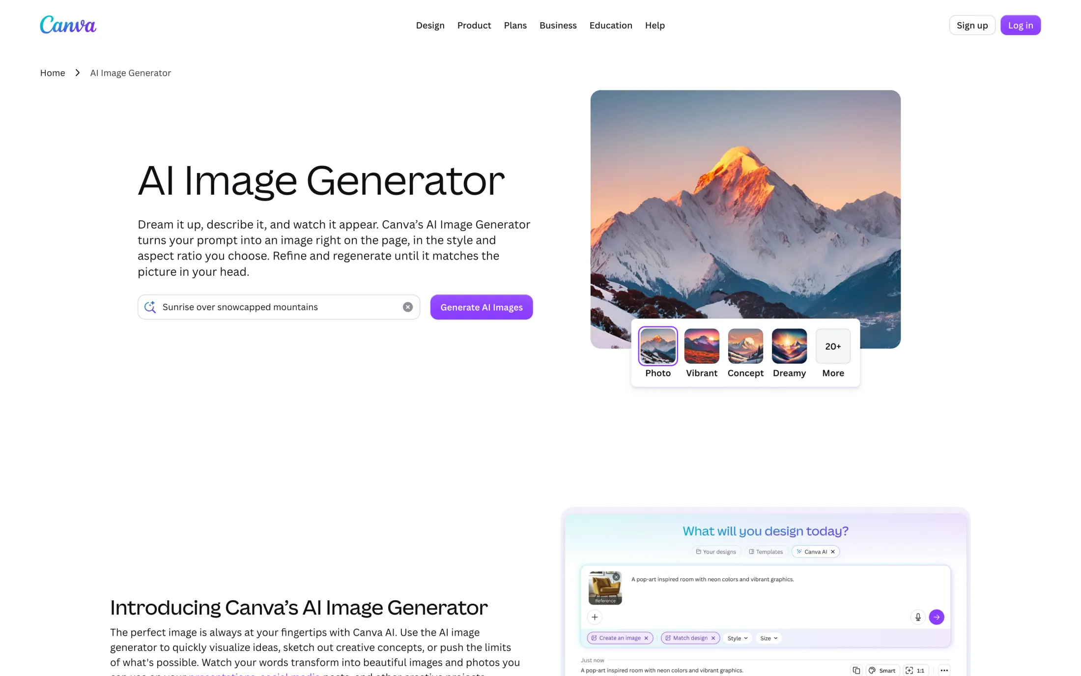Canva AI Image Generator page with style presets