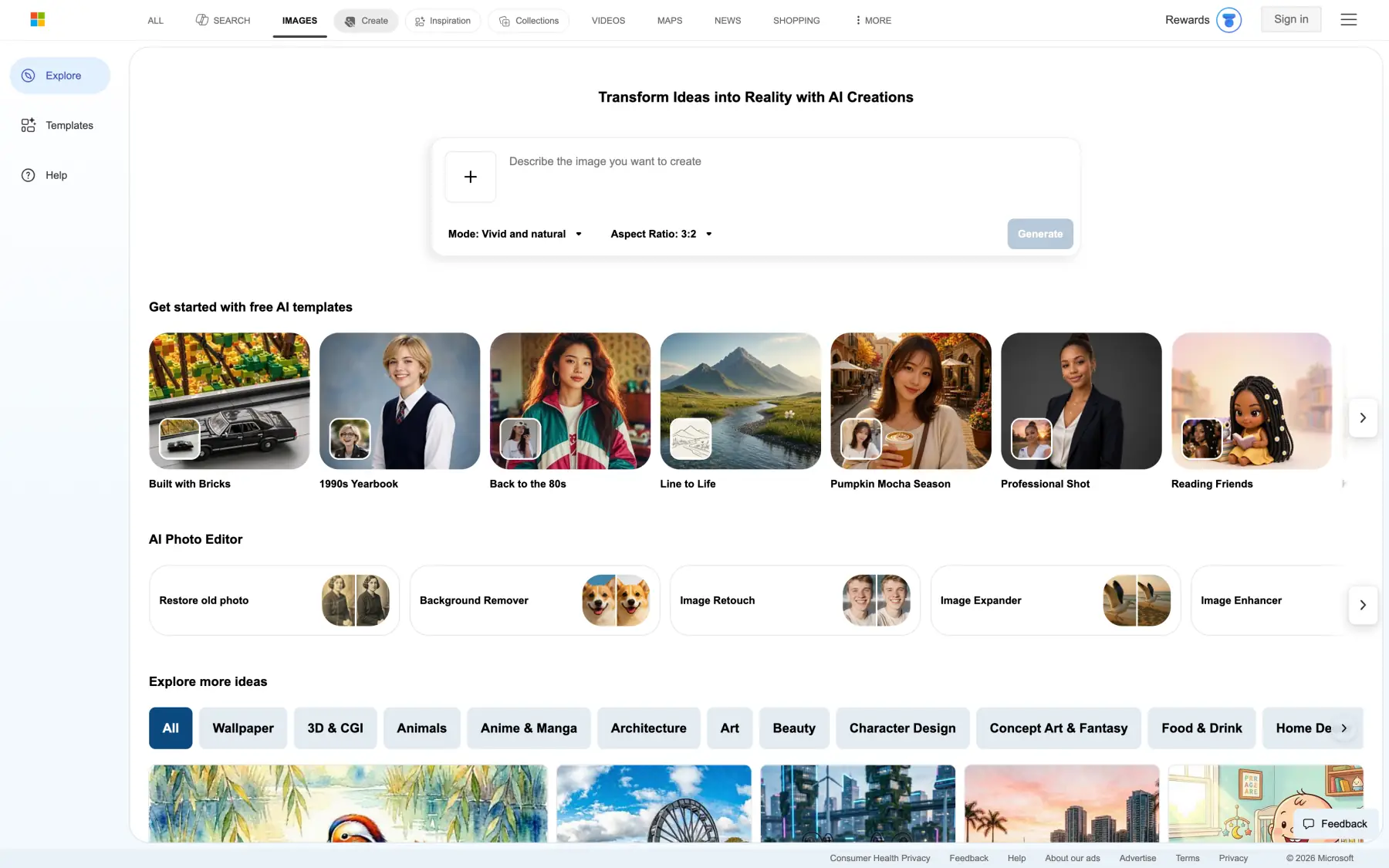 Bing Image Creator prompt box and free AI templates