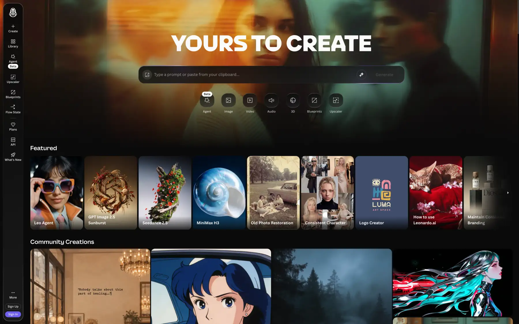 Leonardo AI app home with the prompt bar and featured models