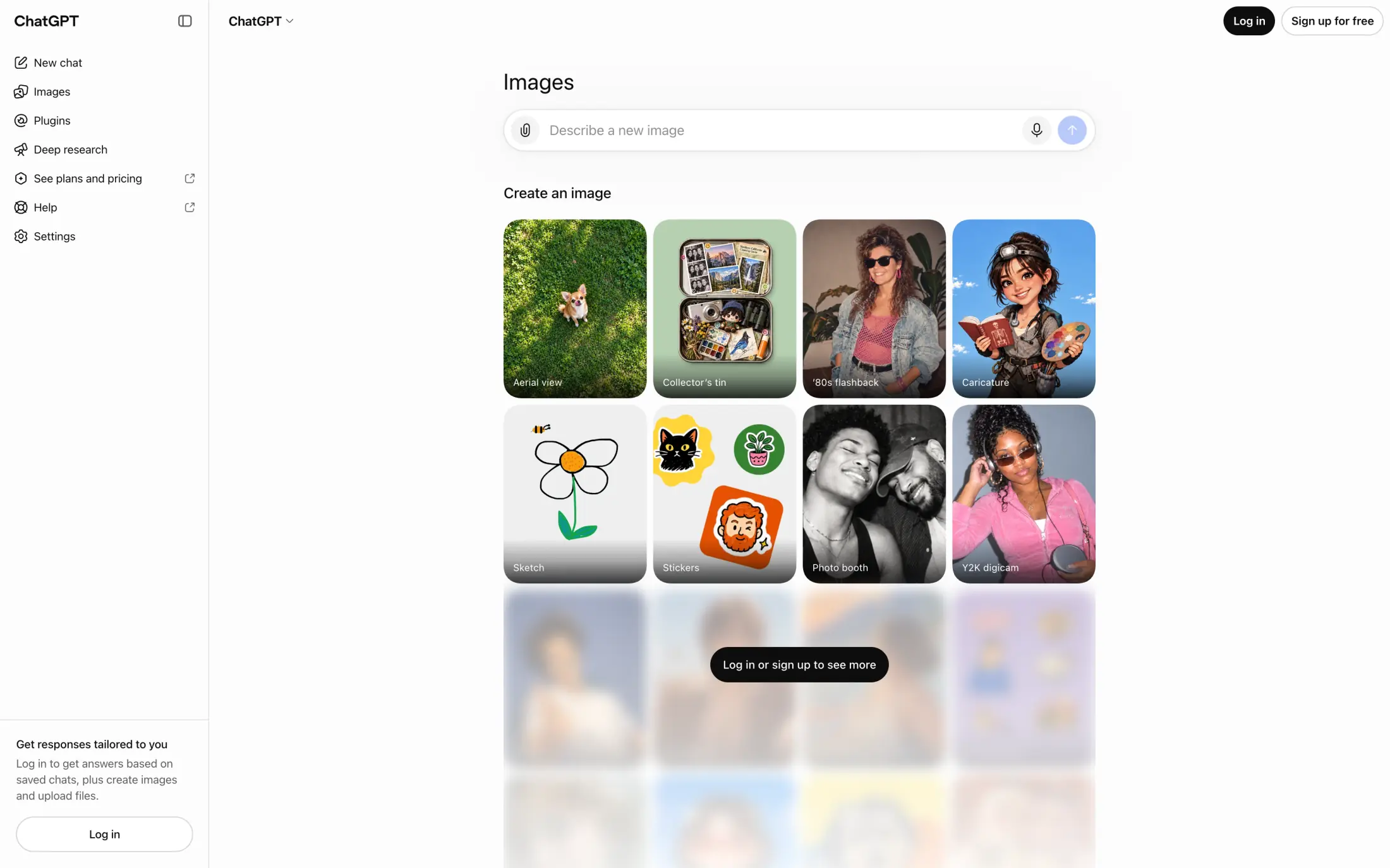 ChatGPT Images page with style templates for signed-out visitors