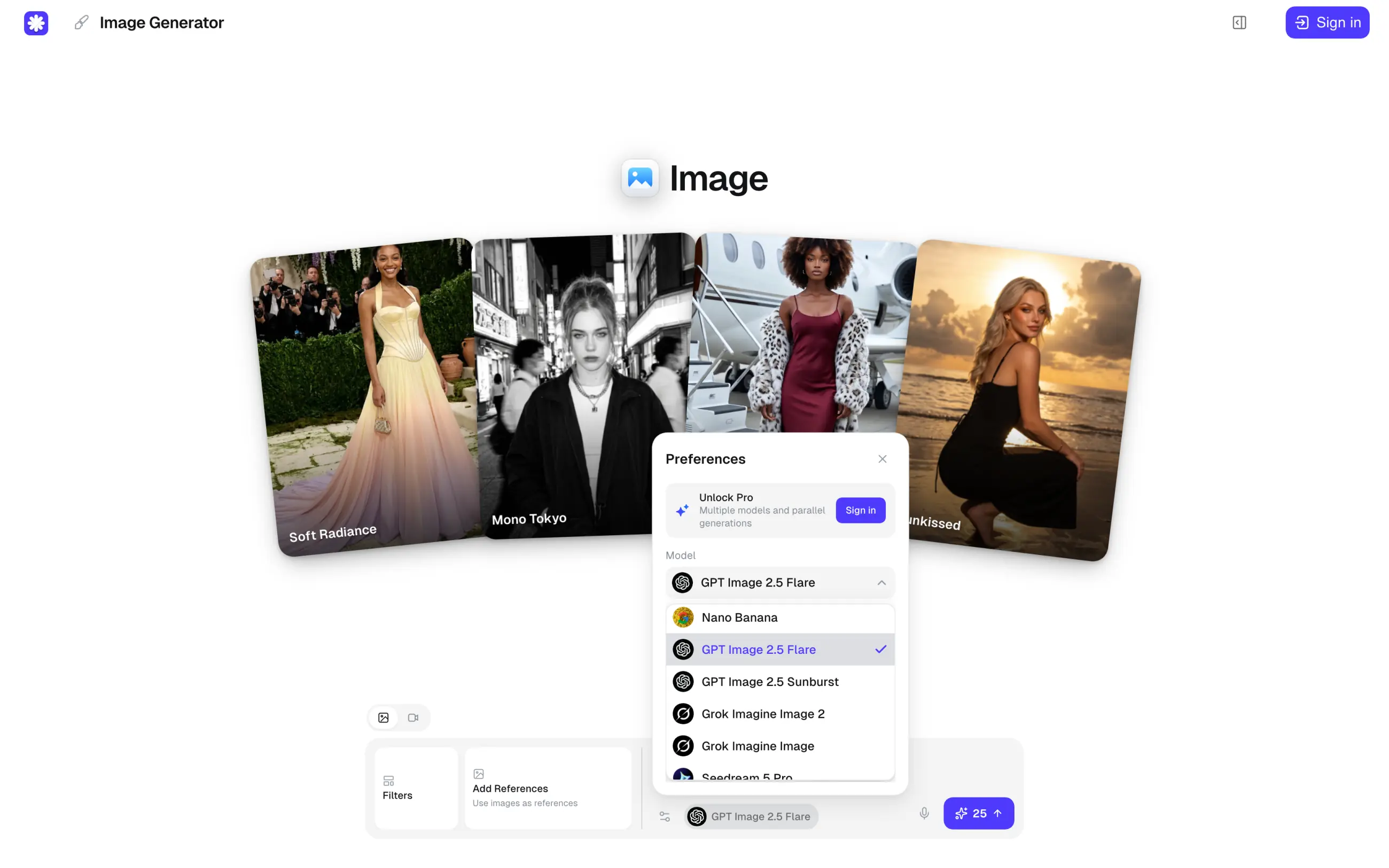 Overchat AI image generator with the model list open and GPT Image 2.5 Flare selected
