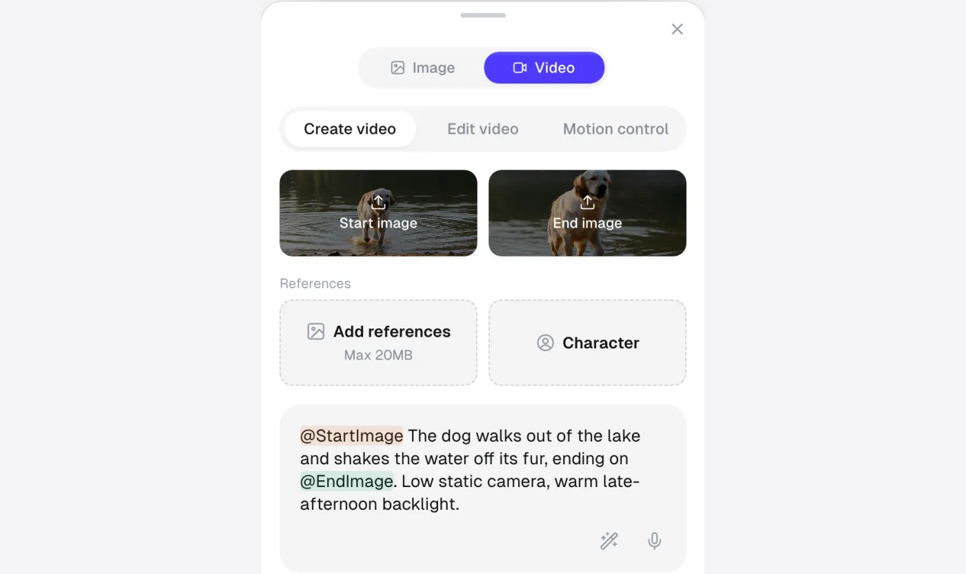 Start image and End image tiles in the Overchat AI video generator on a phone, with a prompt that refers to both frames