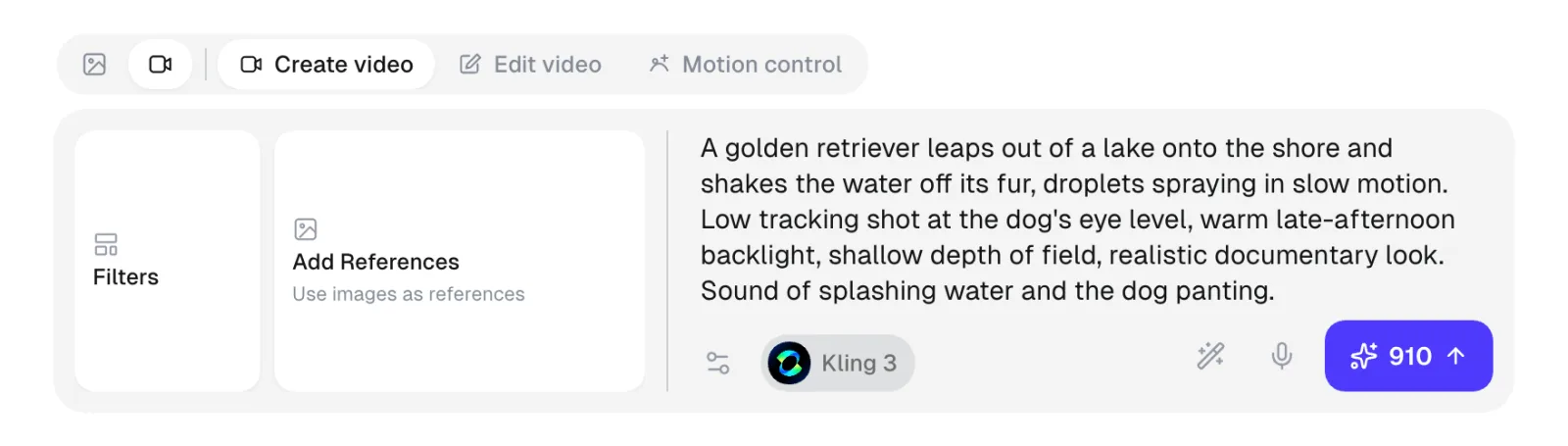 A full video prompt in the Overchat AI prompt box with Kling 3 selected and the price on the Generate button