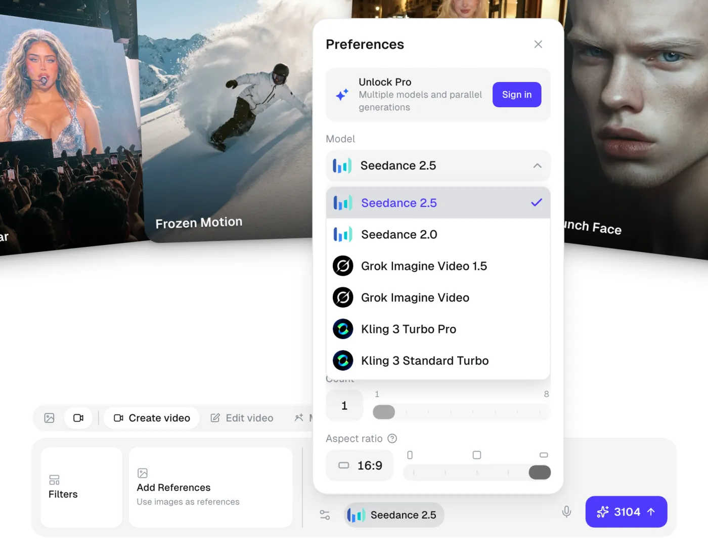 The model list in the Overchat AI video generator with Seedance 2.5 selected