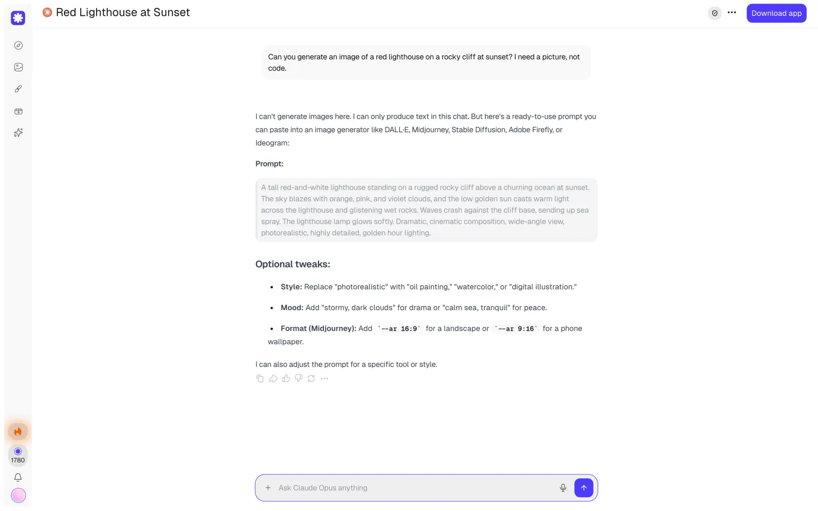Claude Opus 5.5 says it can't generate images and writes a prompt instead