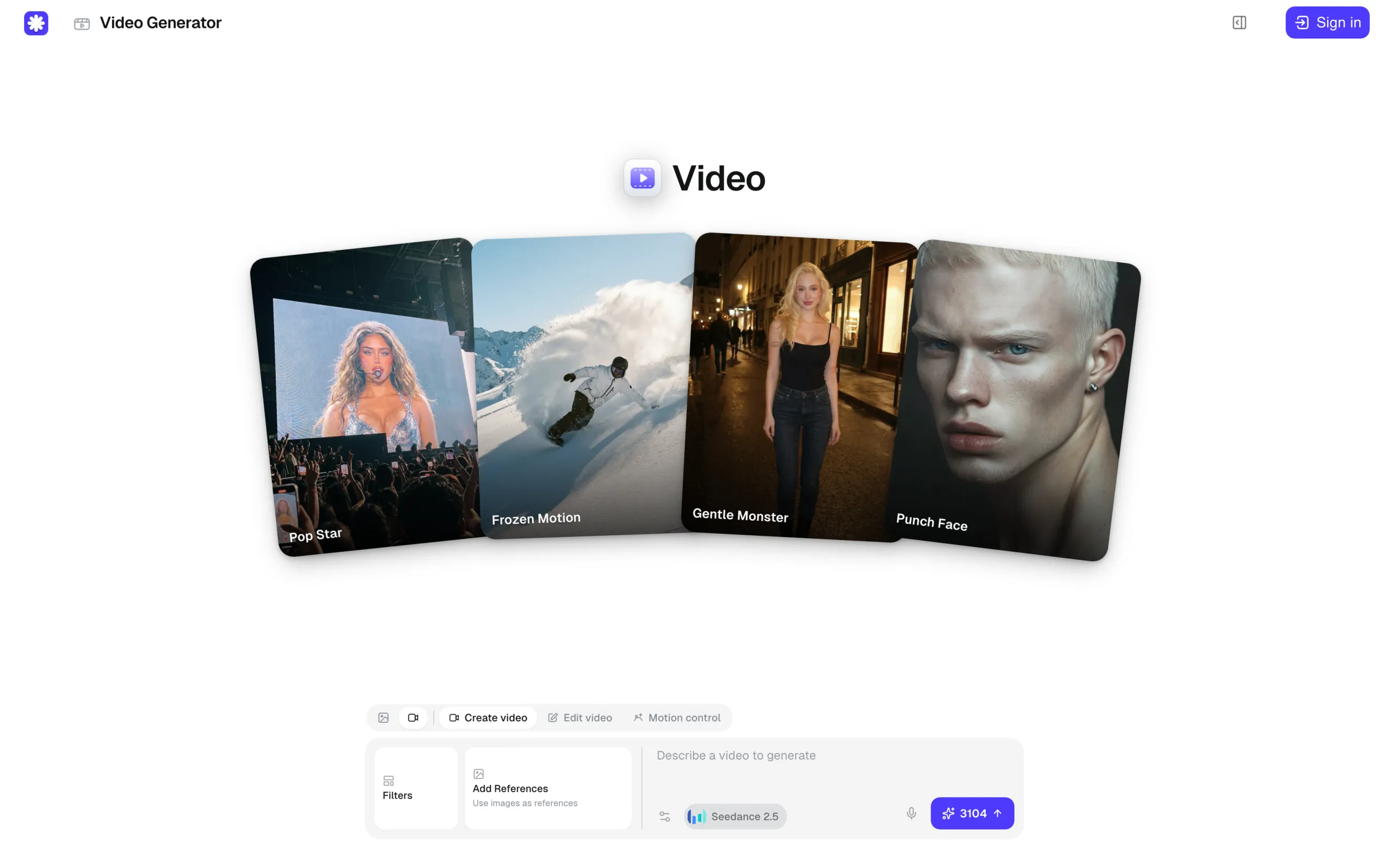 Overchat AI video generator with Create video, Edit video and Motion control modes, Seedance 2.5 selected and 3,104 credits on the Generate button