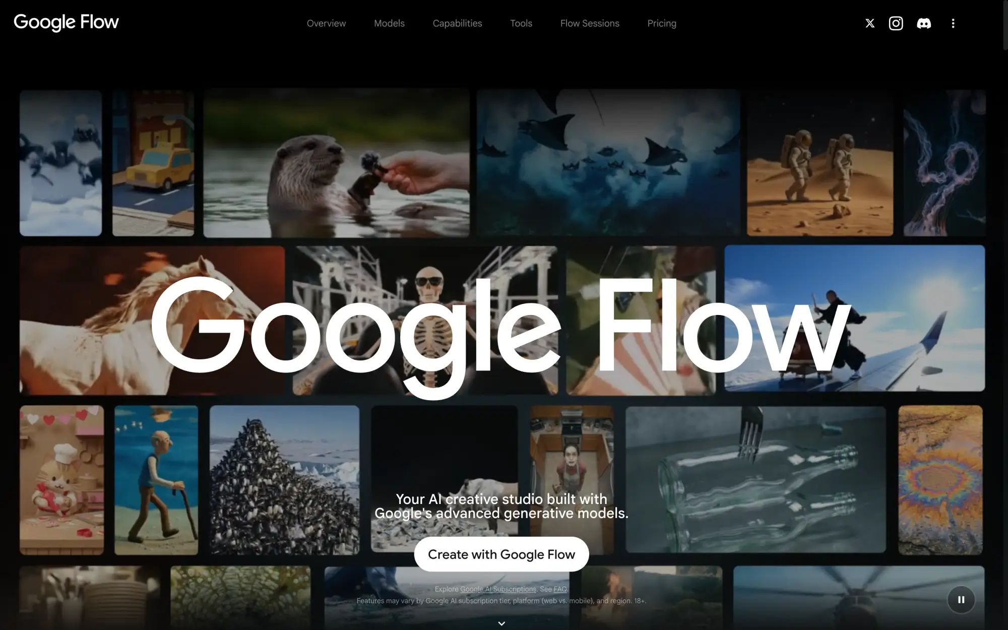 Google Flow home page with a grid of AI-generated clips and a Create with Google Flow button