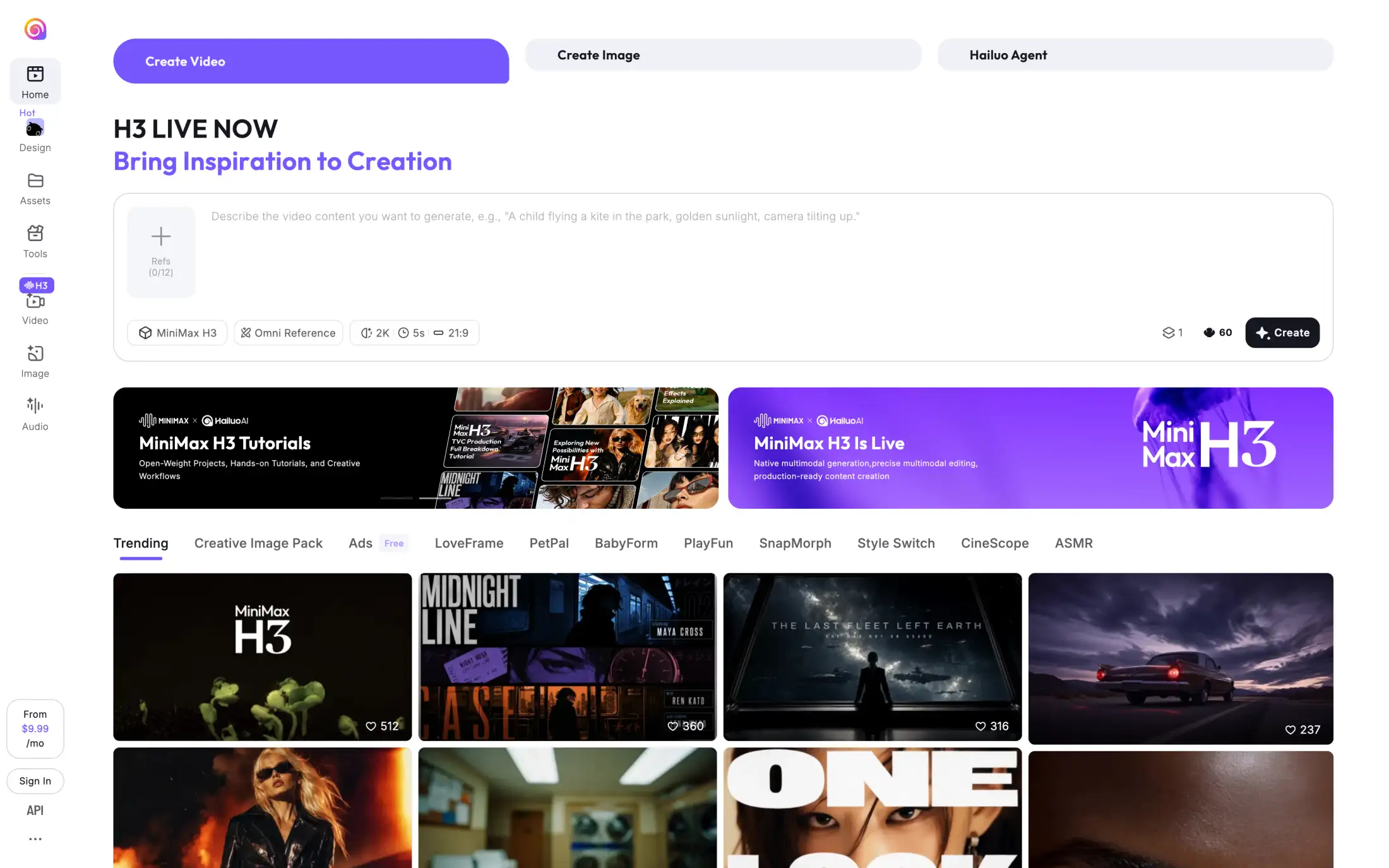 Hailuo AI home page with a Create Video prompt box, MiniMax H3 selected, 2K, 5 seconds and 21:9