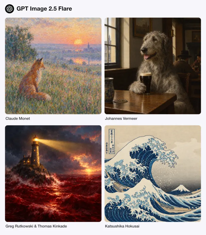 Paintings by GPT Image 2.5 Flare in the styles of Claude Monet, Johannes Vermeer, Greg Rutkowski and Katsushika Hokusai