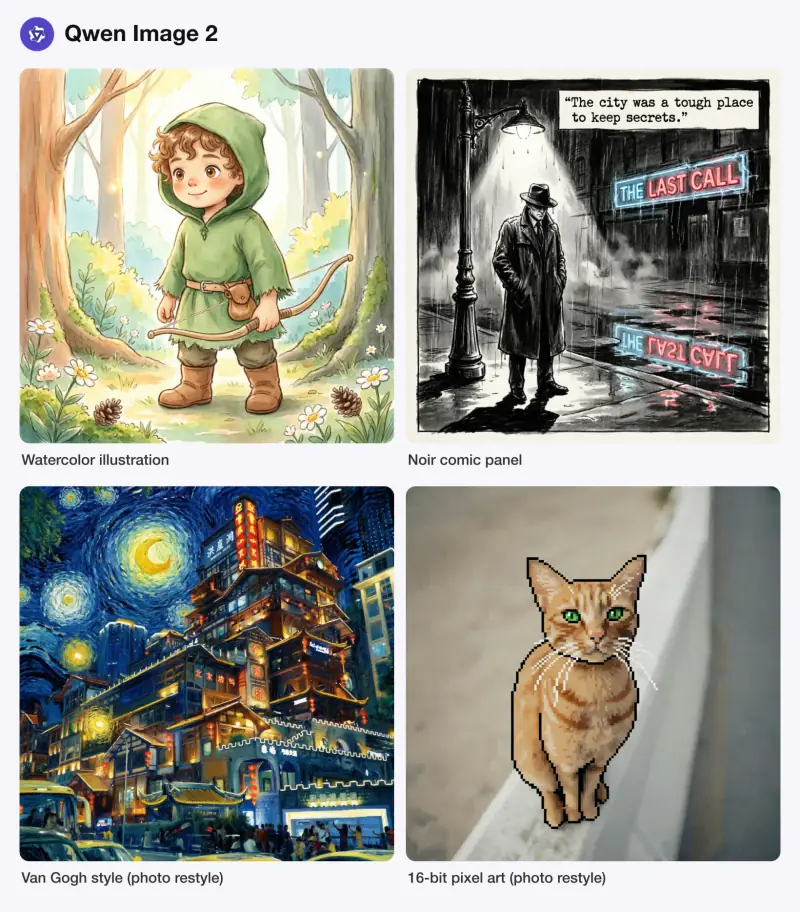 AI art generated with Qwen Image 2 in four styles: watercolor illustration, noir comic panel, Van Gogh style and 16-bit pixel art