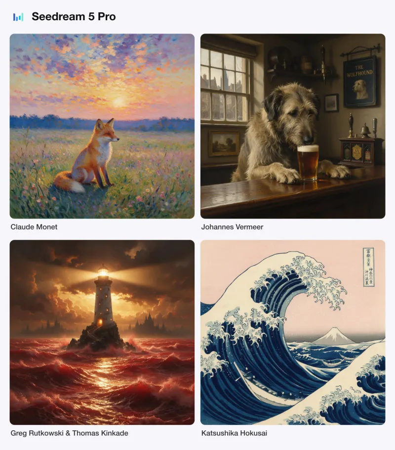 Paintings by Seedream 5 Pro in the styles of Claude Monet, Johannes Vermeer, Greg Rutkowski and Katsushika Hokusai