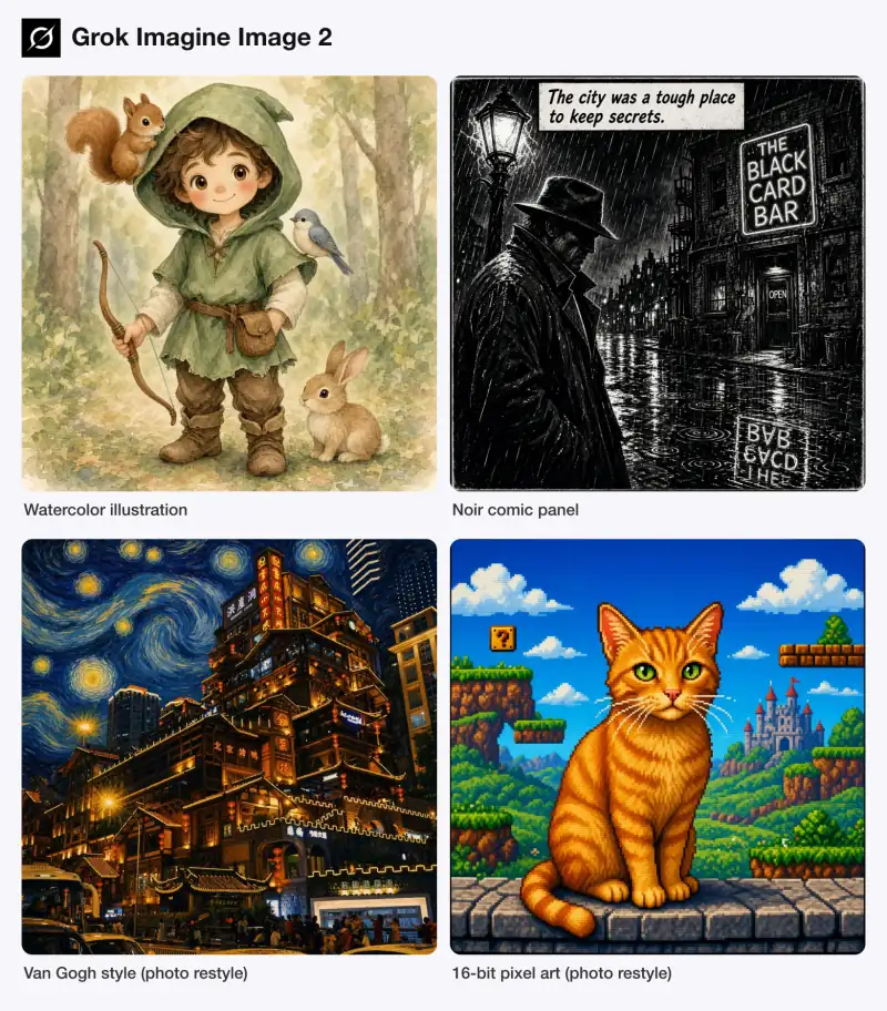 AI art generated with Grok Imagine Image 2 in four styles: watercolor illustration, noir comic panel, Van Gogh style and 16-bit pixel art