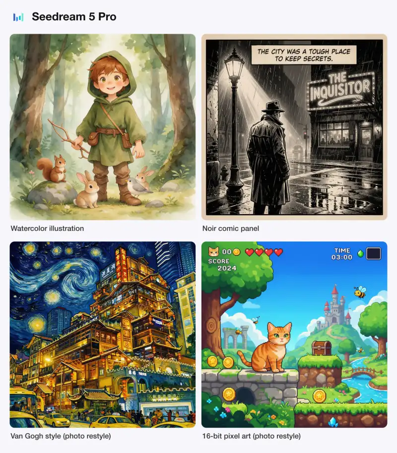 AI art generated with Seedream 5 Pro in four styles: watercolor illustration, noir comic panel, Van Gogh style and 16-bit pixel art
