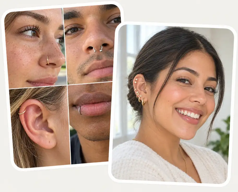 Close-ups of a nose hoop, septum ring, helix and lip ring next to a woman with a curated gold ear